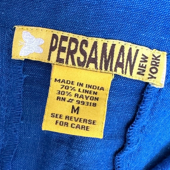 PERSAMAN New York Cobalt Blue Short Puff Sleeve Linen Blend Top, Size Medium - Picture 8 of 13